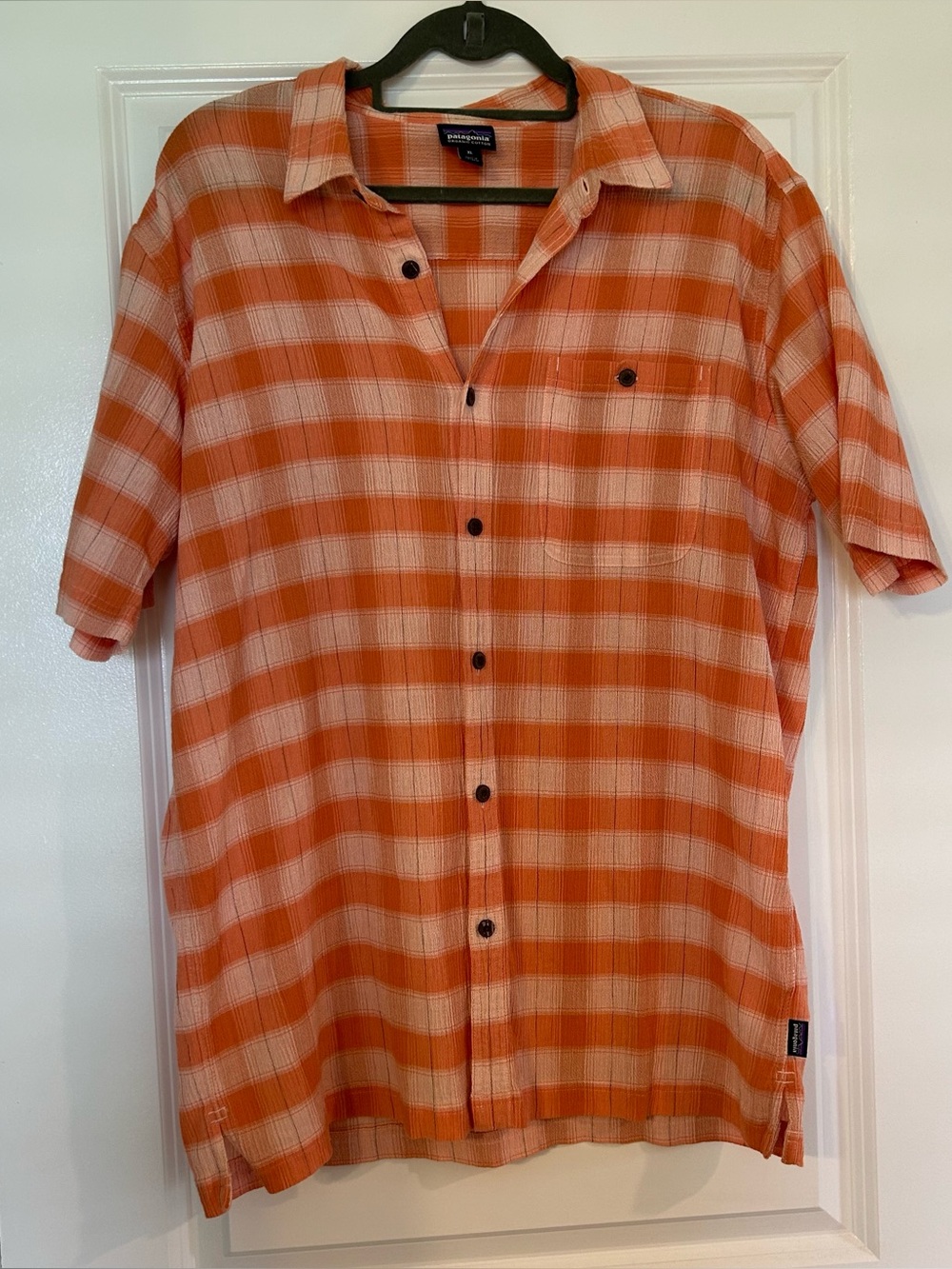 Patagonia Shirt Haven Mens Plaid Button Down Shirt- Light Peach Sherbert XL